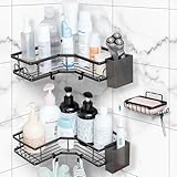 ATsense Duschablage Ecke, Duschregal Ecke Ohne Bohren, Edelstahl Badezimmer Organizer mit 2 Zahnpasta Halter, Eckregal Bad Selbstklebend für Badezimmer und Küche, Schwarz Badregal Ecke, 3 Stück