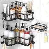YASONIC Duschablage Ecke ohne Bohren Badezimmer Organizer, verdicktes Duschregal Ecke ohne bohren mit großer Kapazität, Shampoo Halterung für Dusche mit 4 abnehmbaren Haken, Badregal 3 Stück, Schwarz