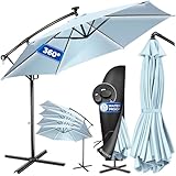 KESSER® Alu Ampelschirm LED Solar Inkl. Abdeckung Fernbedienung & Kurbelvorrichtung Kurbelschirm mit Ständer 360° Funktion UV-Schutz Aluminium Wasserabweisend (Hellblau, 350cm)
