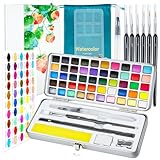 APOGO 50 Farben Aquarellfarben Set in Tragbarer Box, Wasserfarben Inklusive Klassische/Metallic/Makaron/Fluoreszenzfarben, Mit Pinsel,10 Aquarellpapier und andere, Ideal für Künstler und Hobbymaler