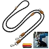 Hundeleine 3m Doppelleine Reflektierend, Premium Hunde Leine 3fach Verstellbar Umhängeleine aus Nylon, Führleine Hund Rund und Bissfest mit 2 Karabiner, Dog Leash Schwarz 14mm
