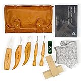 DREWOD Set IV - Holzschnitzset aus Schnitzmessern mit Werkzeugtasche, Schnittschutzhandschuhen und Holz zum Schnitzen - Schnitzwerkzeug - Set
