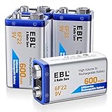 EBL 9v Akku 600mAh Typ Li-Ionen 6F22 wiederaufladbare Lithium-ionen Batterie, geringe Selbstentladung für Rauchmelder 4 Stück