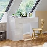 Bellamio Livny Schreibtisch Hochglanz weiß mit 5 Schubladen – Schminktisch ohne Spiegel – White Desk with Drawers 80x53x110 cm – Jugendschreibtisch - Bürotisch mit Schubladen beidseitig montierbar