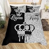 Loussiesd Moderne Königin und König Krone Bettwäsche Set 200x200cm Schwarz und Grau Bettbezug Set Teens Erwachsene Paar Bettwäsche-Set Mädchen Jungen Valentinstag Dekor Bettbezug (Kein Glitter)