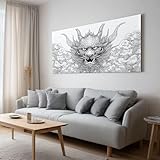 Leinwand Bilder Wandbild 120 x 60 cm – Chinesische Tusche Drache Wolken, Kunstdruck auf Leinwand, Ideal für Wohnzimmer Schlafzimmer oder Flur Leinwandbild Wanddeko