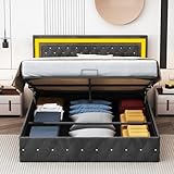 Hydraulisch Stauraumbett 160x200cm, Polsterbett Doppelbett mit LED, Boxspringbett mit Bettkasten, Bett mit Lattenrost, Jugendbett Funktionsbett Bettgestell mit Stauraum, Samt (Schwarz-LED, 160*200cm)