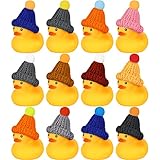 Chivao Gummienten mit 12 Sonnenbrillen/Mützen/Kopfbedeckung/Schal, kleine Kreuzfahrtenenten in Großpackung, Mini-Gummi-Enten, Badewannenspielzeug für Valentinstag, Geschenk, Versteck, Gelb, Ente mit