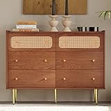 KAZZIO Schubladenkommode Kommode, Rattan Sideboard Highboard für Schlafzimmer & alle Wohnräume, Nussbaum -H90/B120/T40cm (6 Schubladen)