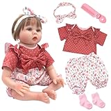 Süße Puppenkleidung 50-55 cm für Baby Puppe Mädchen/Jungen, 5 Stück Schmetterlingsknoten Kleidung Zubehör mit Florale Stirnband, Oberteil, Hose, Socken, Kamm, Puppengewand Geschenke für Kinder（Rosa）