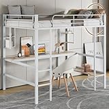 Moimhear 90x200cm Bettgestell Metallbett, Eisenbett mit Schreibtisch, Hochbett mit Vier kleinen Regalen und einem großen Bücherregal für Kinder, Jugendliche und Erwachsene (Weiß, 90x200cm)