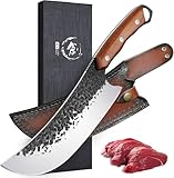 Purple Dragon Japanisches Messer, Handgeschmiedetes Fleischmesser mit Lederscheide, Ultra Scharfes ATS-34 Hackmesser, Kochmesser Profi Küchenmesser, Full Tang Metzgermesser für Küche, BBQ und Camping