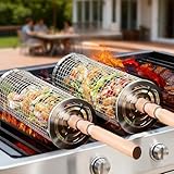 Rollender Grillkorb 2er Set aus Edelstahl 304 mit Abnehmbarem Holzgriff für Gemüse & Meeresfrüchte - Outdoor Grillzubehör für Garten, Ideales Geschenk für Männer und Väter zum Grillen