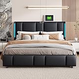 KEFSR Gepolsterter Bettrahmen aus PU-Leder mit hydraulischem Hebebügel, Holzlatten-Bettgestell mit LED-Kopfbreite, kein Boxspringbett erforderlich (Black2, 160 x 200 cm)