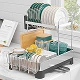 Kitsure Abtropfgestell Geschirr – 2-Tier rostfreies Abtropfgestell mit Besteck- und Tassenhaltern, platzsparendes Geschirrabtropfgestell für Küchenarbeitsplatten, 38,6 x 32,0 x 44,5 cm, Grau