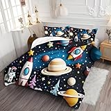 LLSZAHD Kosmische Planeten Bettwäsche 135×200cm, Galaxie Astronaut Muster bettwäsche-Sets, Mikrofaser Bettbezug mit Reißverschluss und Kissenbezug 80×80cm
