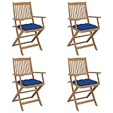Bucmath Klappbare Gartenstühle 4er-Set mit blauen Kissen, Massivholz Akazie geölt, 54x57x91 cm, Bequeme Outdoor Stühle für Balkon, Terrasse und Garten