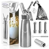 BUOAZR Sahnespender, 500ml Sahnesyphon mit 3 Deko-Düsen und 1 Reinigungbürste, 1 Netztasche, Auslaufsicherer Sahnesiphon