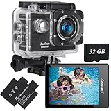 Jadfezy Action Cam FHD 1080P mit 32GB Karte, Unterwasserkamera wasserdicht bis 30M, 140 Grad Weitwinkel Action Kamera mit Zwei 900 mAh wiederaufladbare Akkus und Zubehör-Set (2025 neu)