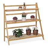 Relaxdays Blumenregal aus Bambus, Pflanzenständer mit 3 Ebenen, HxBxT: 96 x 99,5 x 37 cm, klappbare Blumentreppe, Natur