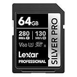Lexar SILVER PRO SD Karte 64GB, UHS-II SD Speicherkarte, V60, U3, C10, bis zu 280MB/s Lesen, 130MB/s Schreiben, SDXC-Karte für DSLR/Kamera/Fotografen/Videofilmer/Enthusiasten (LSDSIPR064G-BNNAA)