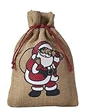 | 3 naturfarbene Jutebeutel, Jutesäcke mit farbigem Weihnachtsmann Motiv, Nikolaus, Geschenkverpackung, Weihnachten, Dekoration, Santa Claus, Geschenk, Advent, Winter, Weihnachtsfest (40x30 cm)