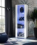 Komodee Vitrine Schrank Tivoli, Weiß/Weiß, Breite 55cm x Höhe 159cm x Tiefe 35cm, LED Blau, 3 Regalböden, für Wohnzimmer, Schlafzimmer, Eingang