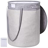 Wäschekorb mit Deckel, 60 l, zusammenklappbar, rund, mit zwei Paar Griffen, wasserdichtes Futter und Vlies, freistehend, tragbar, für schmutzige Kleidung (Hellgrau + Dunkelgrau)