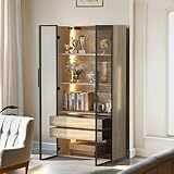 Ctastay Vitrinenschrank Glasvitrine mit Glastüren & LED-Beleuchtung, Wohnzimmervitrine Badezimmerschrank mit 2 Stauraum schubladen，Sammler Vitrine für Wohnzimmer Wohnzimmer, 74x36x155 cm, Natur