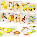 RNHDLY Holzpuzzle Kinder, 10 Stück Steckpuzzle Holz ab 1 2 3 Jahren, Montessori Holzspielzeug Puzzle, Lernspielzeug Holzpuzzle, Geschenk für 1 2 3 Jährige Jungen und Mädchen