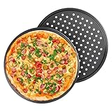 ORAGKE Pizzablech & Lochblech Ø 32 cm, Pizzablech Rund 2er Set Carbonstahl, Pizzaform Antihaftbeschichtet, Backblech Rund für Pizza & Flammkuchen, Pizza Blech Hitzebeständig bis 230°C, Schwarz