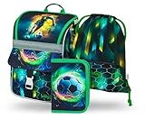 Baagl Schulranzen Jungen Set 3 Teilig, Zippy Schultasche für 1. Klasse, Grundschule Ranzen Tornister mit Brustgurt, Ergonomischer Schulrucksack (Fußballspieler)