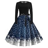 Kleid Weihnachten Damen, Weihnachts Swing Kleid, Weihnachts Halloween Kleid, Langarm Rundhals A-Linie Weihnachten Kleid Schneeflocke Weihnachtsbaum Bedruckt Christmas Dress Festival Karneval Kleidung