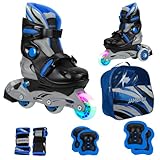 JAMBACH Kinder Inline-Skates mit Schutzset verstellbar zum Rollschuh mit Led (Blau-Schwarz, XS (26-29) ohne Helm)