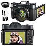 Digitalkamera, Autofokus 48MP Kamera Fotokamera 4K Fotoapparat 3.0 Zoll Flip-Screen 16X Digitalzoom Wiederaufladbare Kompaktkamera für Anfänger, Erwachsene (32GB Micro SD Karte & Weitwinkelspiegel)