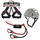 ALPIDEX Kletterhelm Klettergurt + Stubai Klettersteigset Basic 3.0, Farbe:Pebble Grey, Größe:Gurt - Universalgröße/red Pepper