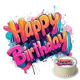 J&M DECO Tortenaufleger Happy Birthday – essbare Kuchendeko Ø 20 cm – bunte Tortendekoration für Geburtstagstorte – Zuckerpapier Tortenbild – gebrauchsfertig – Made in EU