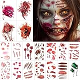 Narben Wunden Tattoo, Realistisch Wunden Tattoo Halloween Karneval Schminke, Zombie Kostüm Kinder Damen, Kunstblut Halloween Karneval Tattoo Gesicht, Körper Make-up Requisiten - 18 Blatt