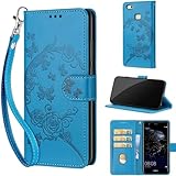 Handyhülle für Huawei P10 Lite Hülle, Stoßfesten Kunstleder Flip Wallet Case Klapphülle mit [Standfunktion] [Kartenfach] Handyhülle kompatibel Huawei P10 Lite Blau