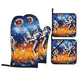 Play Football Galaxy Space bedruckte Ofenhandschuhe, Topflappen-Set, 4 Stück, hitzebeständige Ofenhandschuhe und heiße Pads zum Kochen, Backen, Grillen, Grillen, Geschenk