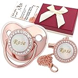 Munchewy Personalisierter Schnuller und Clip mit Geschenkbox, Grußkarte, glitzernder Kristall, luxuriöses Schnullergeschenk für Jungen, Mädchen, Babyparty, Neugeborene, Fotografie (Roségold)