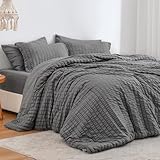 Sedefen Seersucker Bettwäsche 220x240cm Dunkelgrau Grau Uni Einfarbige Wende Bettwäsche Set Weiche Bettbezug 220x240cm und 2 Kissenbezüge 80x80cm mit Reißverschluss