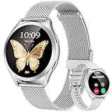 Silber Smartwatch Damen Armbanduhr Rund: Smart Watch Damen Metallarmband Telefonfunktion Schrittzähler Schlafmonitor Herzfrequenz Blutdruck Wasserdicht 1,27' Klein Duenn Touchscreen Sport Fitnessuhr