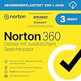 Norton 360 Deluxe mit extragroßer Backup-Kapazität – Amazon Exklusiv* 25GB zusätzlicher Cloud-Backup Speicher. Antivirus Software für 3 Geräte und einem Jahr Laufzeit