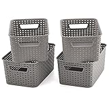EZOWare 4 Stück Aufbewahrungskiste 6L Badkorb in Rattan-Optik mit Griffen aus Kunststoff fur Küche, Wohnzimmer, Büro, Badezimmer - 28x18,5x13 cm, Grau