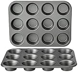 Amazon Basics - Rund Backblech für Muffins, antihaftbeschichtet, Karbonstahl, 2er-Pack, Grau, 13.9'x10.55'x1.22'