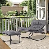 Bonnlo Schaukelstuhl mit Hocker/Balkonmöbel Set 3 teilig, für Veranda, Garten, Poolbereich, Balkon oder Hinterhof, Grau/Weiß/Dunkelgrün (1 Schaukelstuhl mit 1 Hocker, Grau)