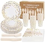 Anstore 200 Stück Pappteller Set Weißgold Partygeschirr, Wiederverwendbar ​Papier Geschirr Set,mit Gabeln, Messer,Löffel, Teller und Becher,für Geburtstag,Hochzeiten,Jubiläums