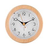 PORFOYO Holz Wecker Analog, Wecker Ohne Ticken mit Schlummerfunktion und Nachtlicht, Retro Tischuhr, Tischuhr Batteriebetriebener für Schlafzimmer, Zuhause, Küche und Reisen, Naturholz in Hellbraun