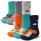 Rutschfeste Babysocken, dick, für den Winter, warme Socken mit Griffen für Babys, Baumwollsocken, Multipack, 6 Paar, Mix Dinosaurier, 0-12 Months